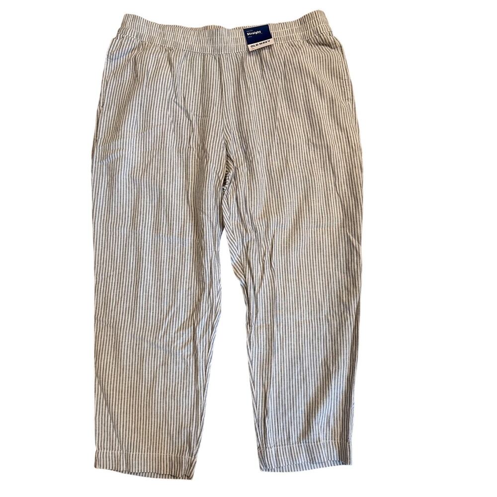 Old Navy High-Rise Straight Ankle Pants XL Gray White Stripe Linen Blend NWT